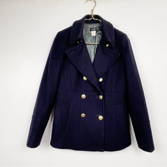 J. Crew Wool blend navy blue gold buttons Pea Coat size 4 - Picture 1 of 6
